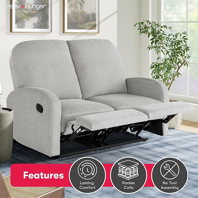 Relax-A-Lounger® Palmdale 58.3" Rocker Manual Pull-Handle Loveseat Recliner, Soft Modern, Pocket Coil Comfort, Black Metal Base Leg, Soft Chenille Fabric, Light Gray