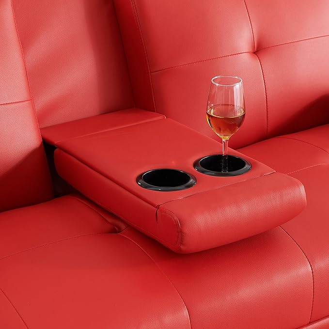 KEIKI 67" Leather Folding Futon Sofa w/Cup Holder & Adjustable Backrest, Mid Century Modern Couch Loveseat Convertible to Sleeper Bed, Comfy Cloud Couch SofaBed for Living Room & Bedroom, Red