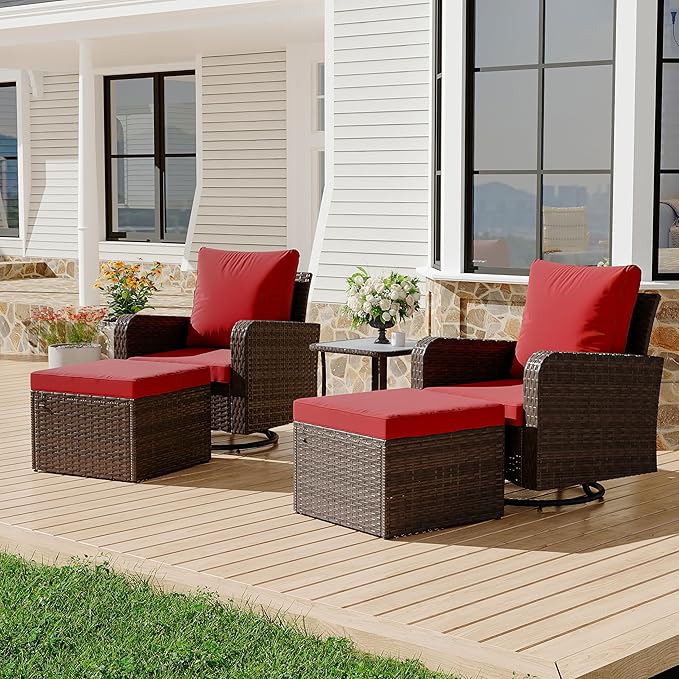 HOMREST 5 Piece Outdoor Patio Furniture Set-360 Wicker Swivel Chairs Set of 2 w/ 2 Ottoman, Coffee Table & Cushions Patio Bistro Set for Garden, Balcony (Wine Red)