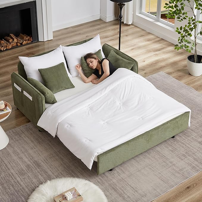Ball & Cast 66" Convertible Sofa Bed,3-in-1 Corduroy Loveseat Sleeper Pull Out Couch Bed with Pillows and Side Pockets, Deep Seat Comfy Sofa Couches for Living Room,Apartment,Green