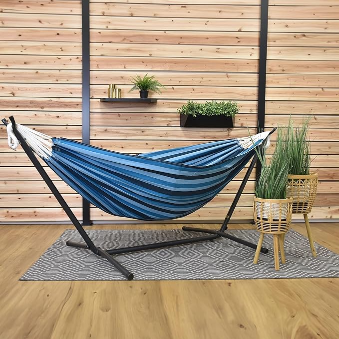 Vivere Double Cotton Hammock with Space Saving Steel Stand, Upgraded Polyester End Strings 450 lb Capacity - Premium Carry Bag Included - USA Grown Cotton (Blue Lagoon) - Image 5