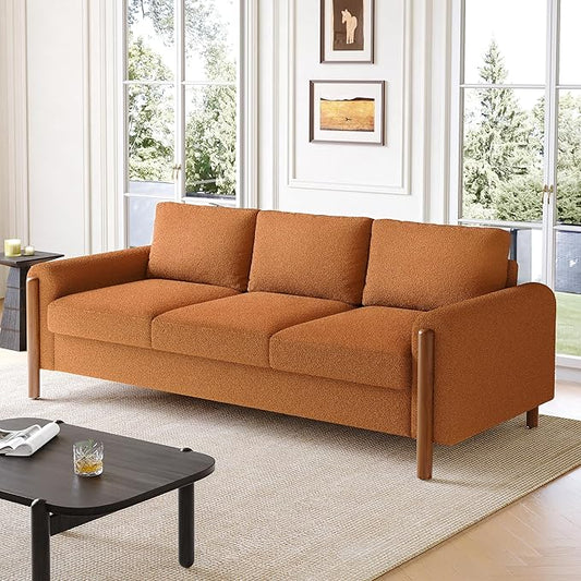 Christopher Knight Home Yadil Teddy Fleece Upholstered 3 Seater Sofa Couch, Wooden Home Sofa Living Room, Comfy Cloud Couch for Bedroom, Home Office, Orange