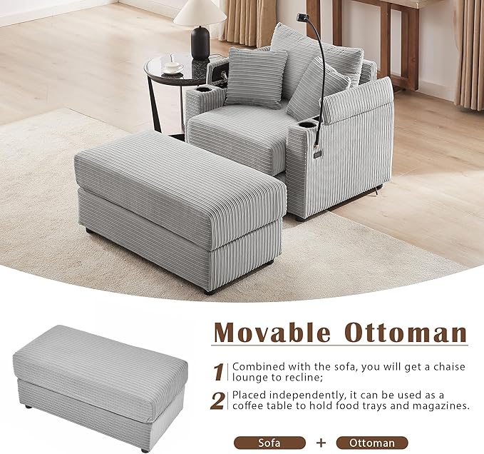 Merax Modern 41.7" Chaise Lounge with Pillows, Charge Station & Cup Holders,Upholstered Sofa Recliner Chair with Ottoman for Living Room Bedroom Gray