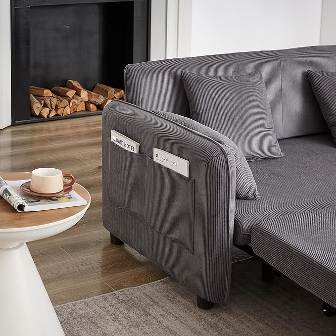 Ball & Cast 66" Convertible Sofa Bed,3-in-1 Corduroy Loveseat Sleeper Pull Out Couch Bed with Pillows and Side Pockets, Deep Seat Comfy Sofa Couches for Living Room,Apartment,Grey