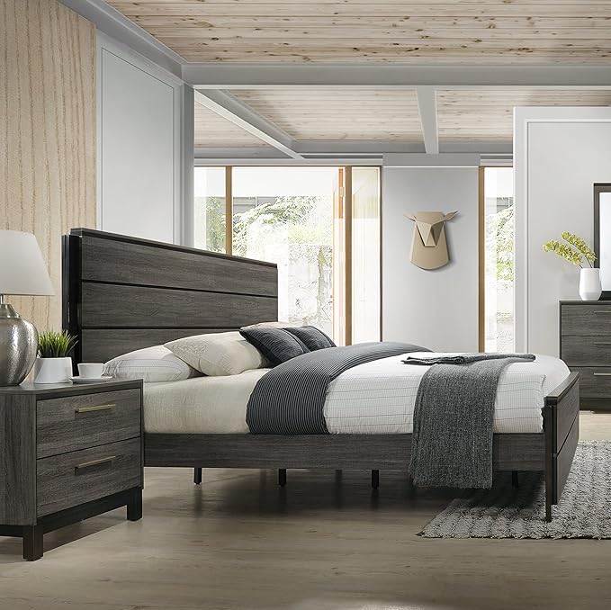 Roundhill Furniture Ioana 187 Antique Grey Finish Wood Bed Room Set, King Size Bed, Dresser, Mirror, Night Stand, Chest