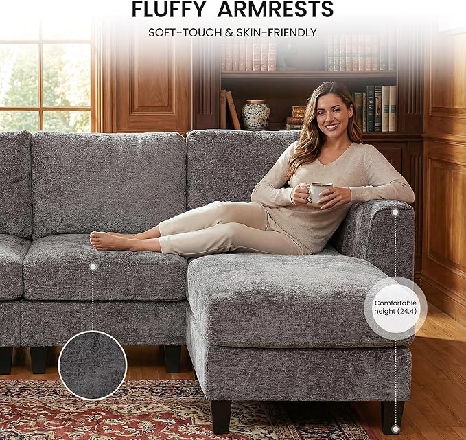 118" Sectional U-Shaped Cloud Couch, Modular Modern 4-Seat Sofa, with USB Type C Ports, Foldable Side Table and 2 Ottomans, for Home Living Room, Grey
