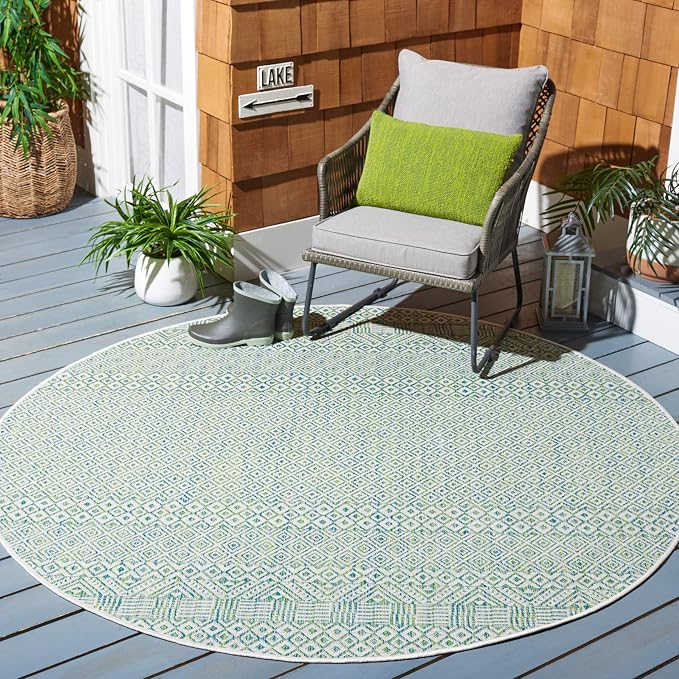 SAFAVIEH Courtyard Collection CY8235 Moroccan Boho Indoor/ Outside Non-Shedding Easy Patio Backyard Porch Deck Mudroom Area, 6'7" Round, Ivory/Green by SAFAVIEH