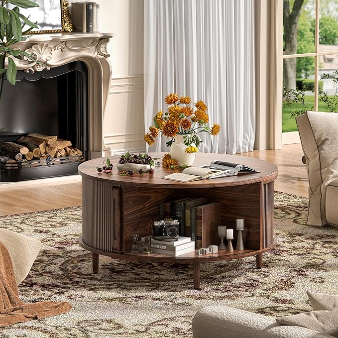 Round Coffee Table, Walnut 31.5" Fluted