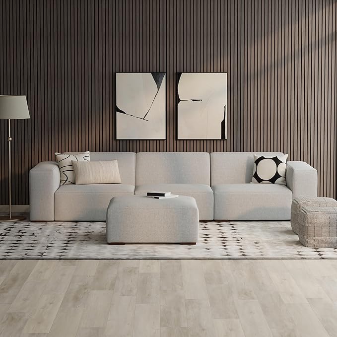 SIMPLIHOME Rex Ottoman - 34 inch Wide Upholstered Performance Fabric Square Ottoman in Pale Grey, Modern Bench for Living Room or Bedroom with High-Density Cushion, Assembled