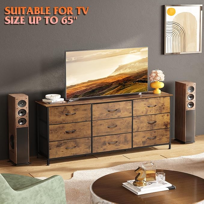 WLIVE 54''W Dresser for Bedroom, Dresser TV Stand for 55, 60, 65 inch TV, Wide Chest of Drawers with 9 Drawer, Large Entertainment Center, Fabric Dressers with Wood Top for Living Room, Rustic Brown - Image 4