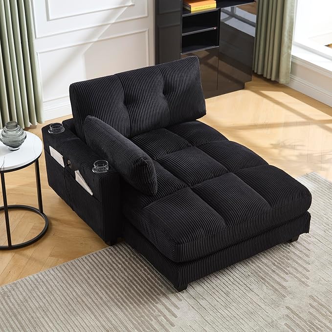 Oversized Lounge Chaise Convertible Sleeper Sofabed, Corduroy Sleeper Daybed Indoor Recliner Chair Sofa Bed with Cupholders and Adjustable Headrests for Living Room Bedroom Reading Home Apartment
