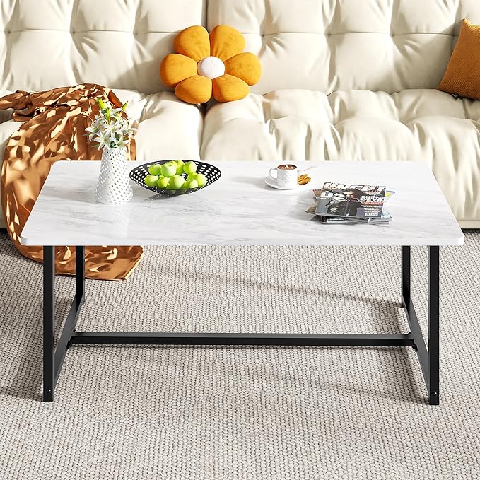 Coffee Table for Living Room, Modern Rectangular Center Coffee Tables for Small Space, Industrial Furniture, Sofa End Tables/Tea Table/Center Table, Couch Table with Metal Black White