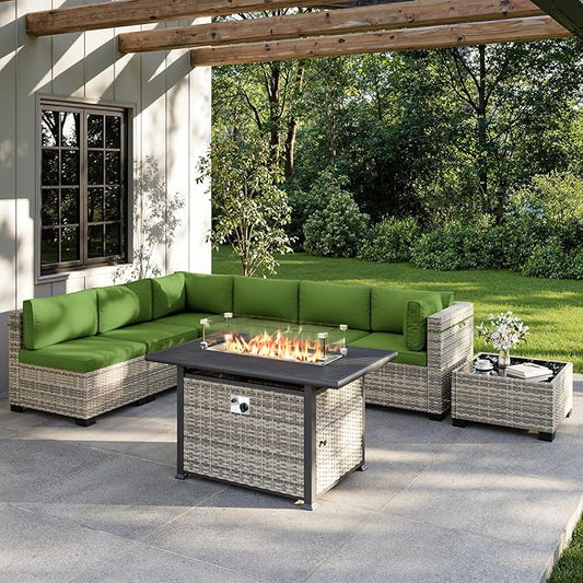 8-Piece Outdoor Patio Furniture Set with 55,000 BTU Fire Pit Table, PE Wicker Rattan Sectional Sofa Conversation Set - All-Weather Garden, Backyard Furniture, Avocado Green