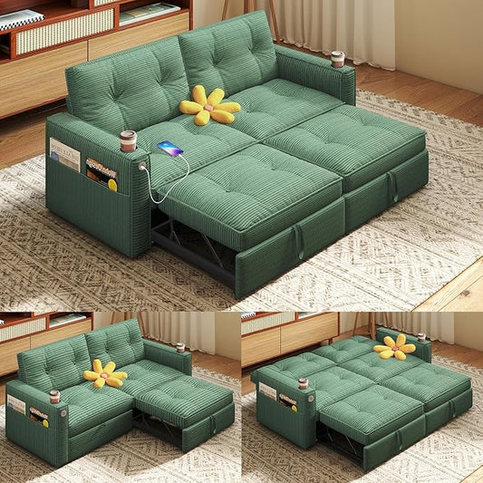 Rovibek 73.2" Convertible Sofa Bed, Pull Out Couch with USB Charging Port & Cup Holders, Adjustable Backrest, Side Pockets, Modern Corduroy Sleeper Sofa for Living Room, Bedroom, Apartment, Green