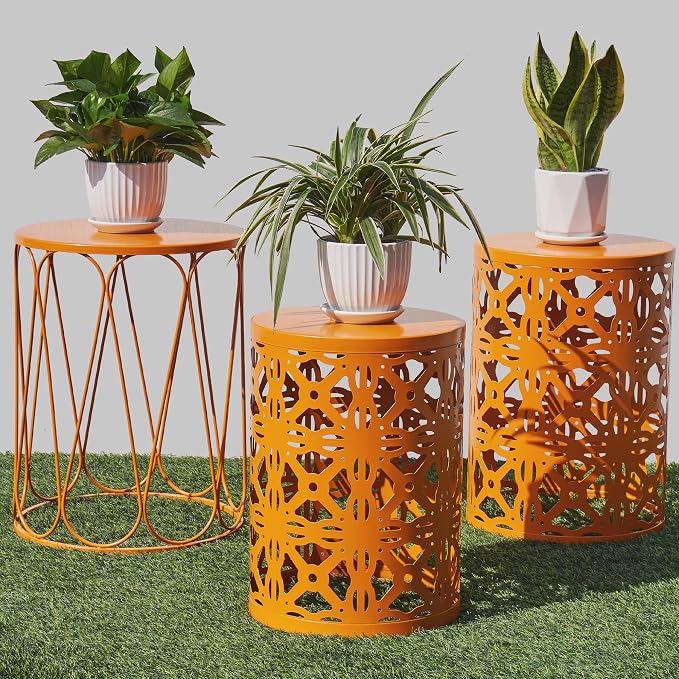 Y&M Metal Round Table, Coffee Table End Patio Table for Indoor Outdoor Multifunctional Use, Heavy Duty Metal Plant Stand Decorative Garden Stool Set of 3 - Orange by YM
