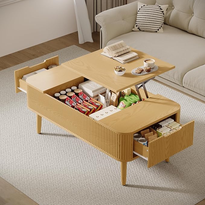 47.2” Modern Coffee Table Wooden Fluted Lift Top Coffee Table with Hidden Compartment, Mid Century Modern Rectangle Center Tables with Lifting Tabletop & 2 Storage Drawers for Home Living Room Natural