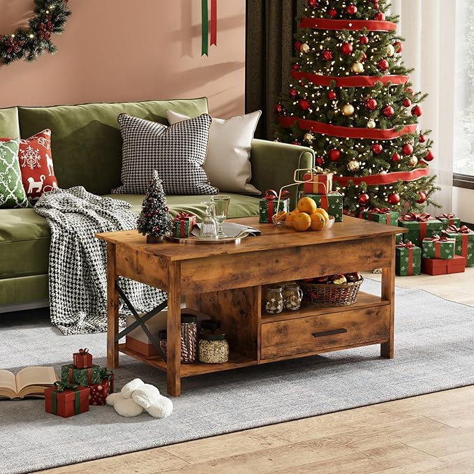 WLIVE Coffee Table, 39" Lift Top Coffee Table with Hidden Compartment, Storage Drawers and Storage Shelf for Living Room, Reception Room, Rustic Brown