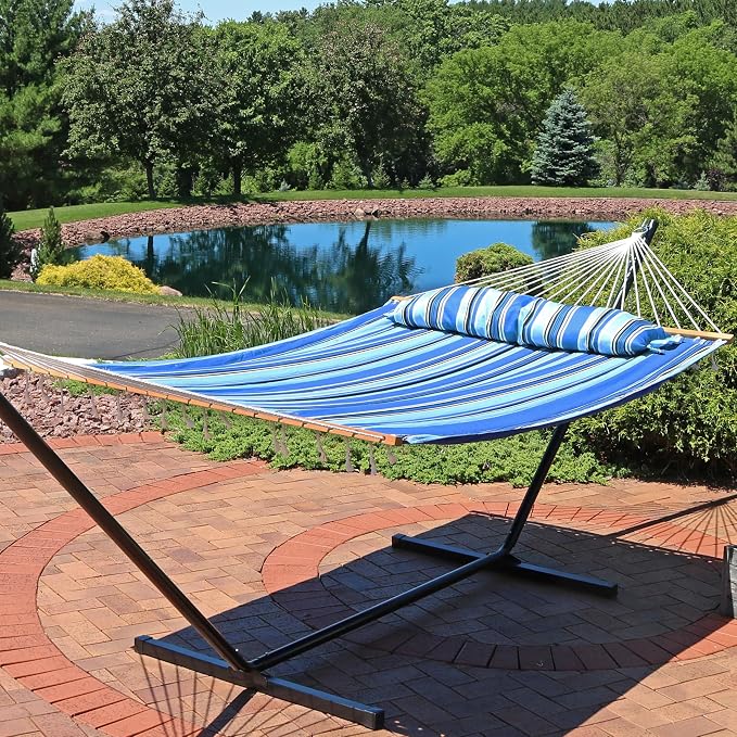 Sunnydaze Quilted Double Hammock for Outside with Spreader Bars and Pillow - 450 lb Capacity, 74x55 Inch Bed, UV Resistant, Quick Dry - Chains Included, Stand Sold Separately - Misty Beach - Image 2