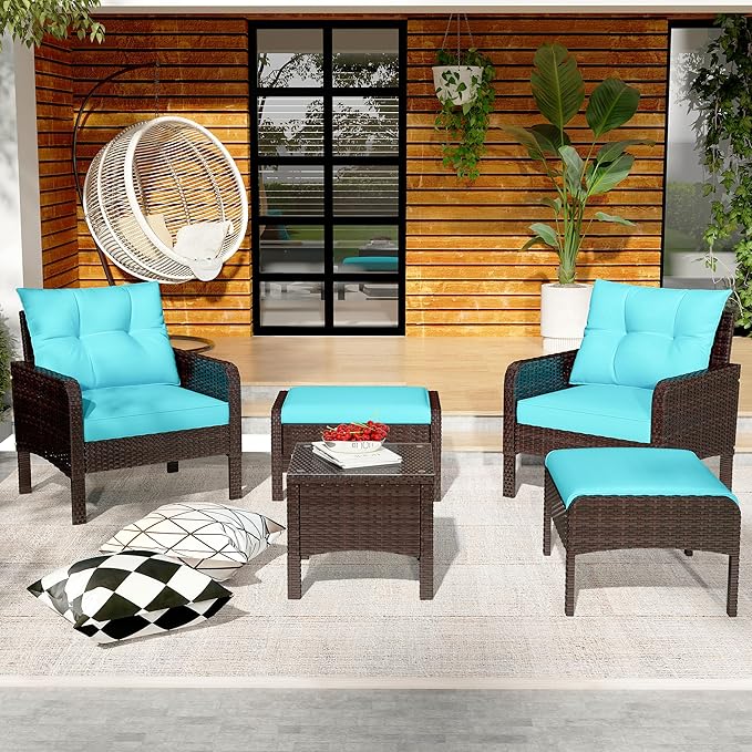U-MAX Outdoor 5 Pieces Patio Furniture Set, PE Rattan Wicker Chairs with Ottoman and Table, Bistro Set for Front Porch, Garden, Backyard, Balcony, Brown/Blue