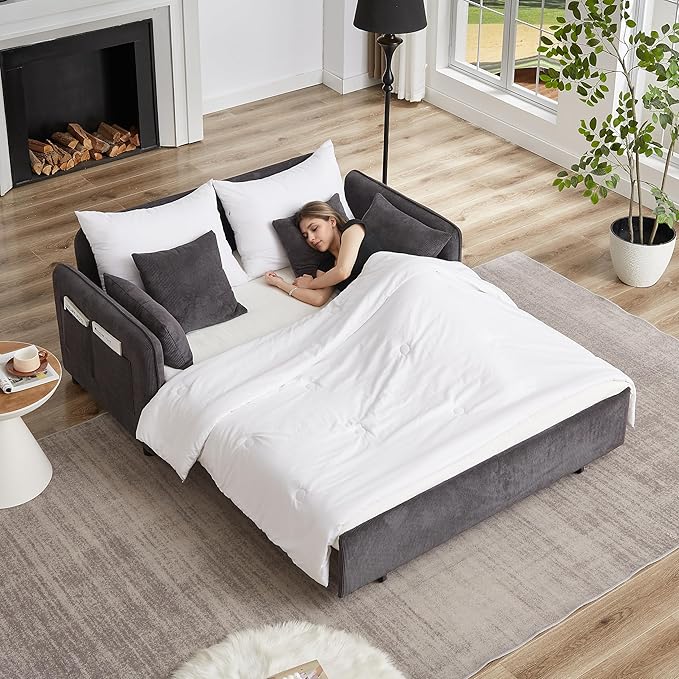 Ball & Cast 66" Convertible Sofa Bed,3-in-1 Corduroy Loveseat Sleeper Pull Out Couch Bed with Pillows and Side Pockets, Deep Seat Comfy Sofa Couches for Living Room,Apartment,Dark Grey