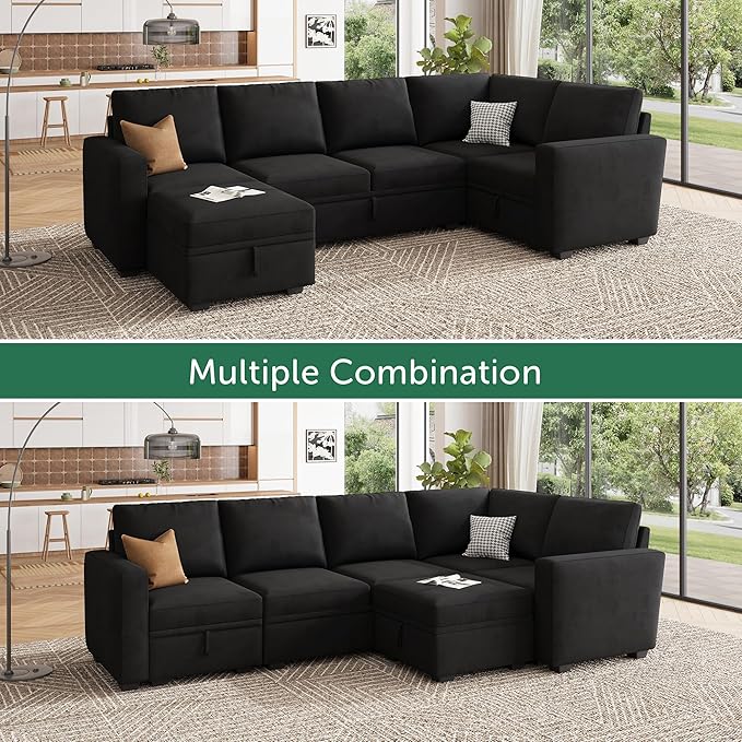 HONBAY Velvet U-Shaped Sectional Couch with Storage,Modular Sectional Sofa with Storage Ottoman Convertible L-Shaped Sofa for Living Room, Black