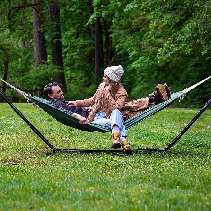 SUNCREAT Hammocks Extra Large Double Hammock with 12 ft Stand, 475lbs Capacity, Outdoor Portable Hammock with Hardwood Spreader Bar, Extra Large Pillow, Gray Green - Image 2