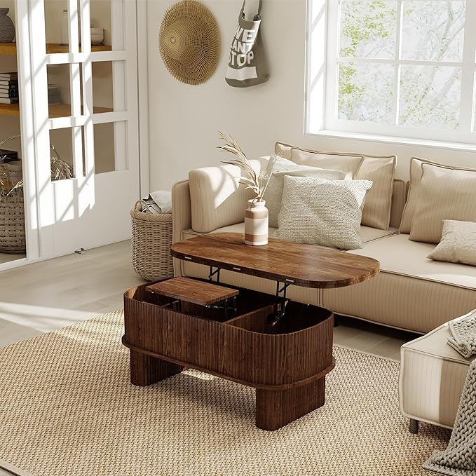 Lift Top Coffee Table with Large Storage,Lifting Converts to Dining Table,Oval Pop Up Coffee Table Fluted Wood Center Table for Living Room,Fully Assembled Space-Saving for Eating&Laptops