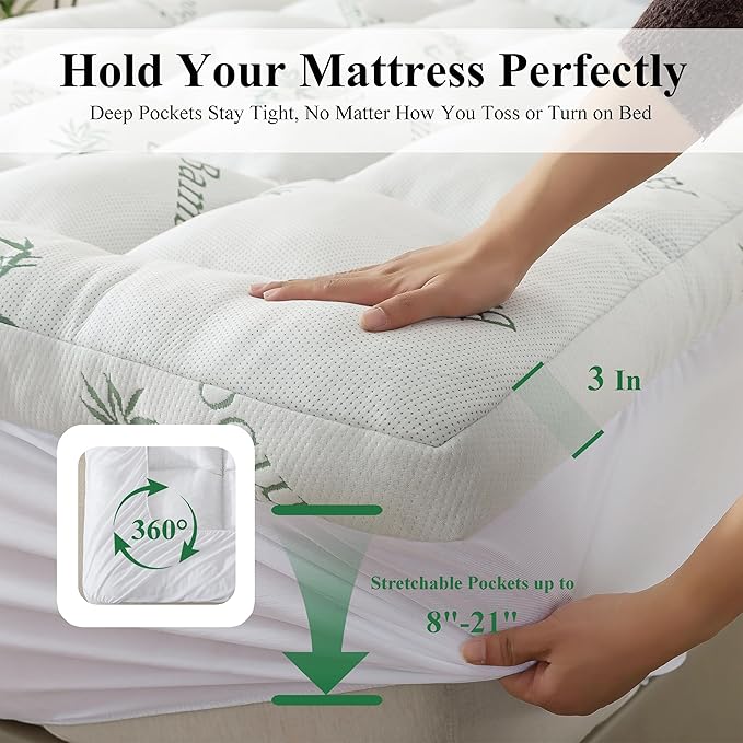ELNIDO QUEEN® 3 Inch Memory Foam Mattress Topper King Size - Cooling Breathable Bamboo Viscose Pillow Top for Hot Sleepers, 1700 GSM Fill, Ultra Soft Mattress Pad for Back Pain Relief, 3"x78"x80"