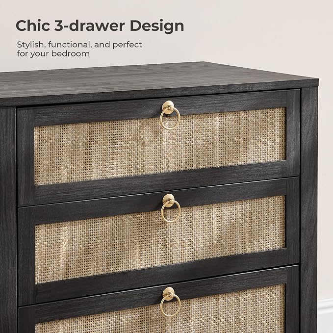 SICOTAS Night Stand with Drawers, Large Rattan Bedside Table with Golden Handle, 3 Drawers Nightstand Tall End Table Side Table Boho Nightstand for Bedroom - Image 5