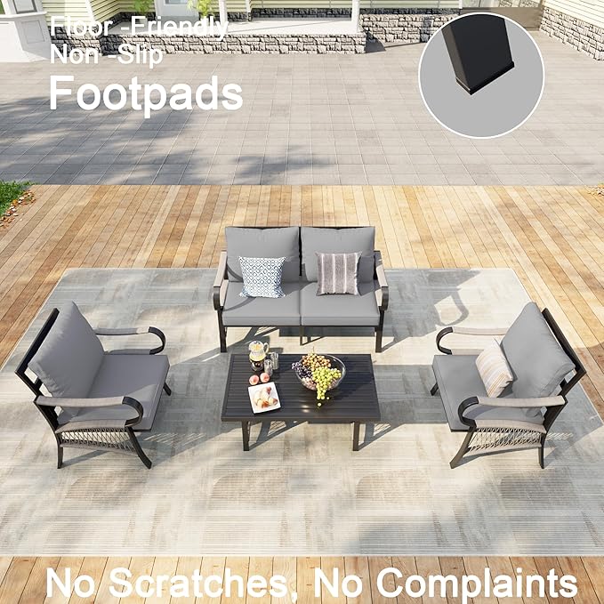 4 Pieces Outdoor Patio Furniture Set, All Weather Metal Loveseat Sofa Chairs with Coffee Table, Conversation Sets for Backyard Garden Deck Poolside Porch, Gray