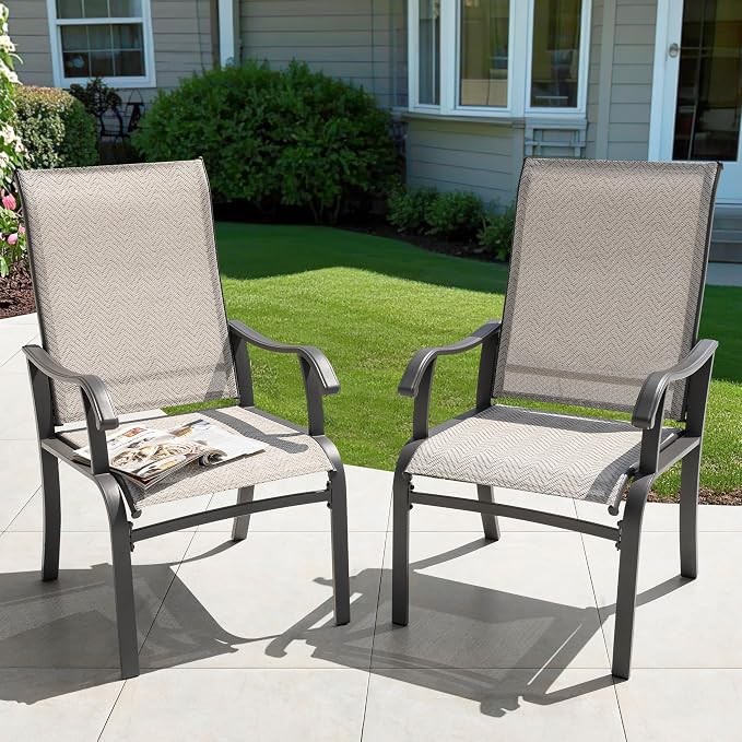 NUU GARDEN Patio Dining Chairs Set of 2, Outdoor Dining Chair with Powder-Coated Frame, All Weather Metal Dining Chairs with Textilene High Back and Wider Seat for Backyard, Deck, Balcony, Beige - Image 2