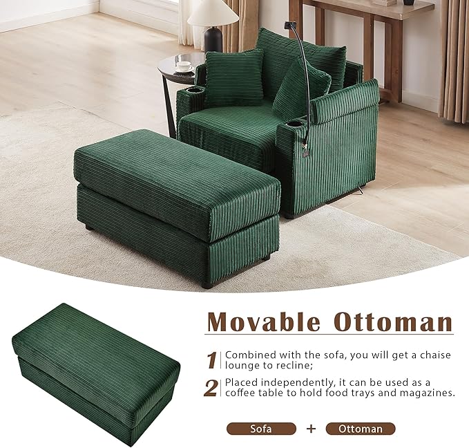 Merax Modern Corduroy Single Sofa with Ottoman, Two USB Ports & Cup Holders, Small Couch with Pillows & Phone Holder for Living Room Green