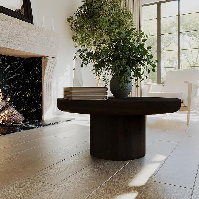 Maven Lane Wooden Circular Coffee Table, 36" Round, Livingroom Table, Modern Farmhouse Living Room Accent Table, Wood Furniture for Family Room, Rustic Industrial Home Decor, Owen Table (Aged Brown)