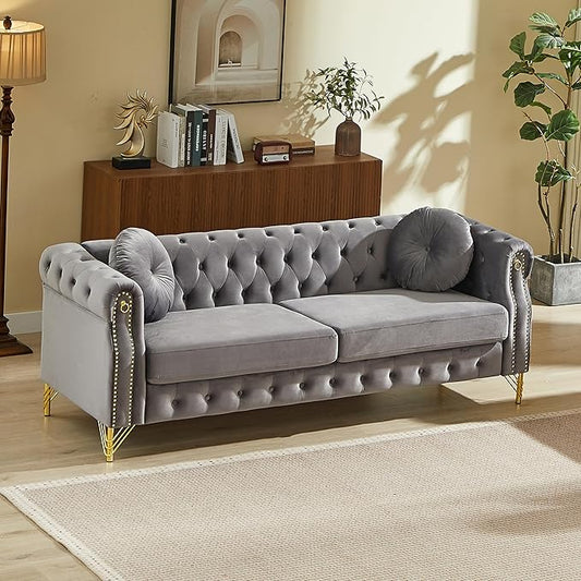 ERYE 82-Inch Button Tufted Sofa Couch with 2 Round Pillows, 3 Seat Velvet Tufted Sofa Spacious Chesterfield Loveseat Couches W/Nailhead Decor,Ring Accent & Golden Legs