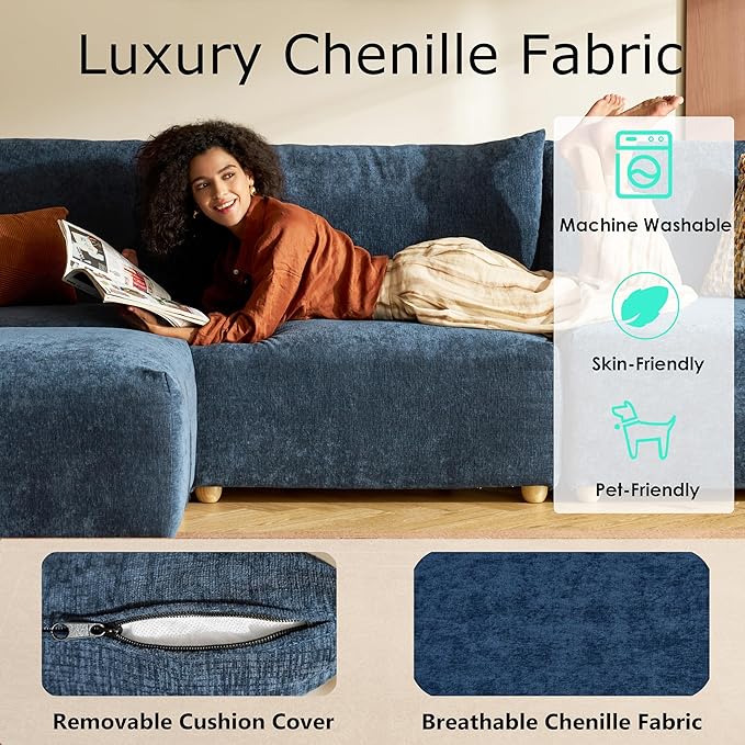 LINSY HOME Cloud Couch Sectional, Modular Sofa Sectionals for Living Room Bedroom, 91" 2 Seater Love Seat Couch with Ottoman, Deep Seat Cozy Couch Luxury Chenille Sofas, Blue