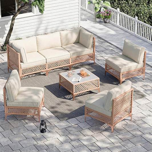 Vikiullf Patio Conversation Sets, 7 Piece Outdoor Furniture Set with Thick Cushions, Wicker Sectional Sofa Set with Coffee Table for Backyard, Poolside, Garden (Beige)