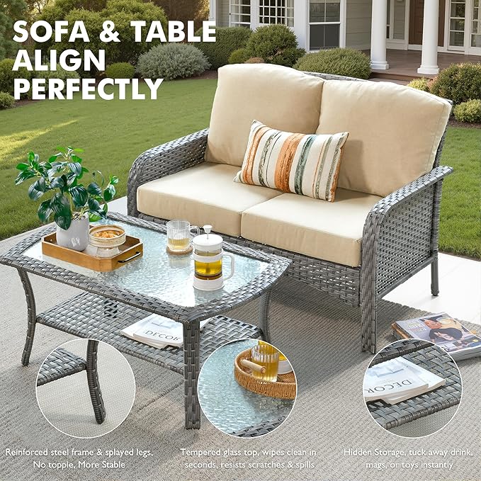 Weaxty Wicker Patio Furniture Set High Back Loveseat Sofa Couch Armchair Coffee Table, All Weather Rattan 4 Pieces Outdoor Conversation Sets for Patio Porch Deck Backyard Poolside, Beige