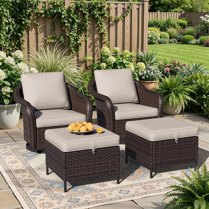 4 Piece Patio Wicker Conversation Set, 2 All-Weather Use Outdoor Wicker Swivel Chairs with 2 PE Rattan Ottomans,Ideal for Porch, Backyard, Balcony, Poolside, Beige