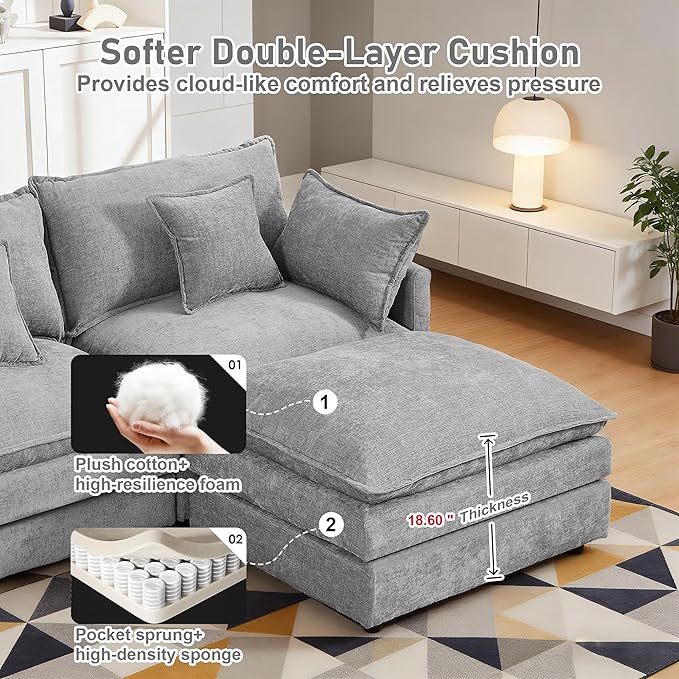 102" Cloud Couch Sectional, Modular Sectional Sofa with Chaise & 4 Removable Washable Pillows, Oversized L-Shaped Couch for Living Room, Modern 3-Seat Cloud Sofa Sectional with Deep Seat, Gray