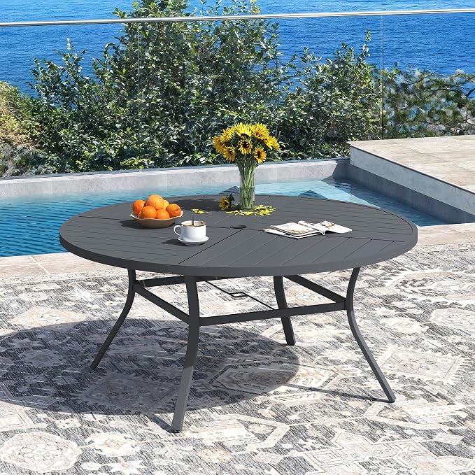 DIFY 9 Pieces Outdoor Patio Dining Set for 8, 53.1" Round Metal Dining Table and 8 Stackable Textilene Patio Chairs, Outdoor Table and Chairs for Backyard Garden Poolside, Grey - Image 2