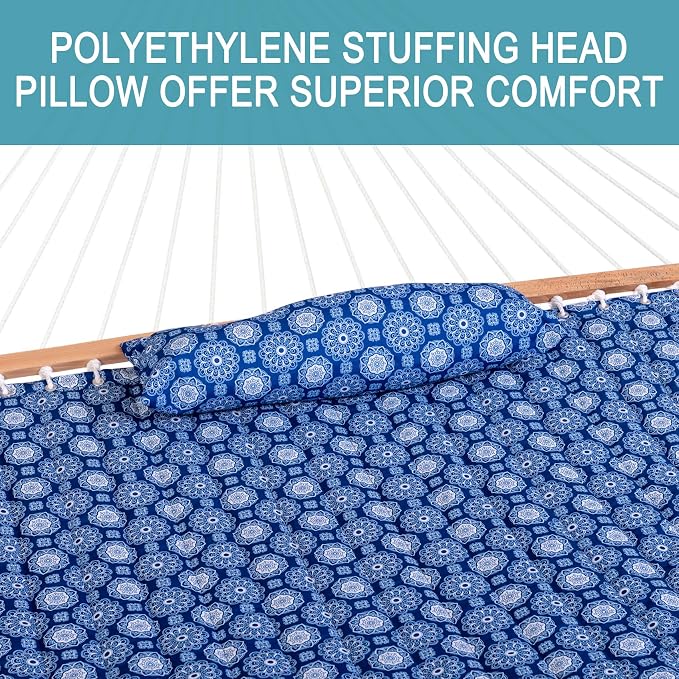 Lazy Daze Hammocks 12FT Quilted Fabric Hammock with Soft Pillow, Double 2 Person Tree Hammock with Spreader Bar for Outdoor Patio Backyard Poolside, 450lbs Weight Capacity, Blue Floral - Image 3