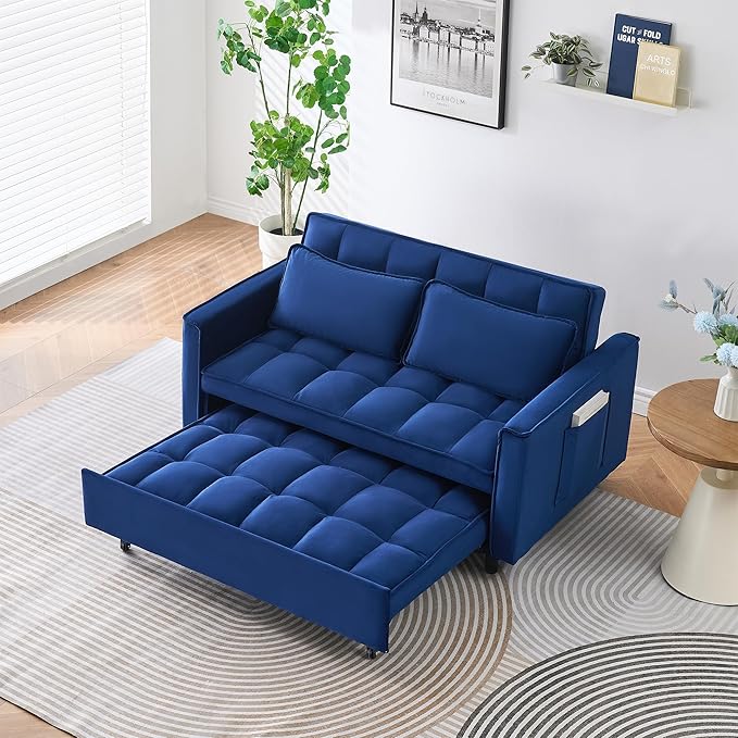 55" Modern Velvet Loveseat Sleeper Sofa, 3-in-1 Convertible Pull-Out Bed with Adjustable Backrest, 2 Pillows & Side Pockets, Small Pull Out Couch for Living Room, Apartment(Blue)