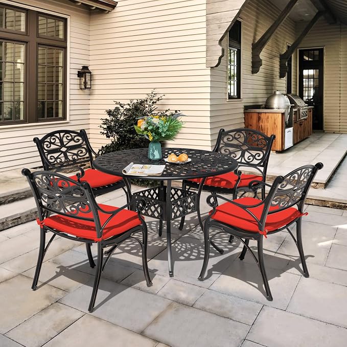 NUU GARDEN 5 Piece Outdoor Patio Dining Set, 42" Cast Aluminum, Round Patio Dining Table with 2.24" Umbrella Hole and Patio Dining Chairs with Cushions for Garden, Balcony, Bronze and Red - Image 3