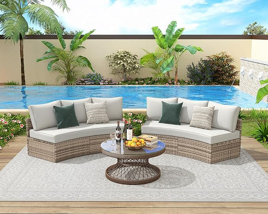 PaPaJet 6-Piece Patio Furniture Set, Half-Moon Wicker Sectional Sofa with Cushions, Waterproof Rattan Outdoor Conversation Set for Beach, Pool, Garden & Balcony, Beige
