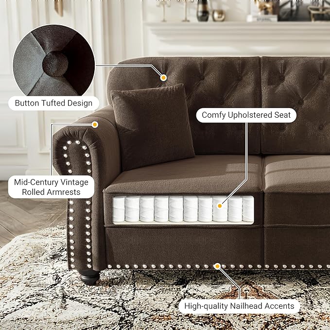 KEIKI 2-Piece Chesterfield Sofa Set with 1 Velvet 3-Seater Sofa & 1 Single Sofa, Upholstered 4-Seater Couch Set with Nailhead Trim & Rolled Arms & 1 Ottoman & 4 Pillow, for Living Room, Brown