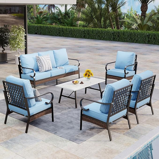 Patio Furniture Set with Coffee Table, Outdoor Conversation Set with 4 x Fixed Chairs, 1 x 3-Seat Sofa for Lawn Garden Backyard, Blue