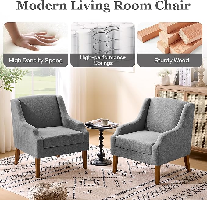 Accent Chair for Living Room,No Assembly Upholstered Mid Century Modern Comfy Tufted Armchairs with Wooden Legs,Sofa Chairs for Bedroom, Reading Waiting Room Apartment Grey