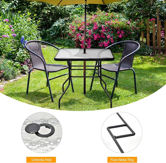 Tangkula 32" Square Outdoor Dining Table with Tempered Glass Top, Outside Bistro Table with 2" Umbrella Hole & Metal Frame, Patio Dining Table for Backyard, Lawn, Deck & Poolside - Image 6