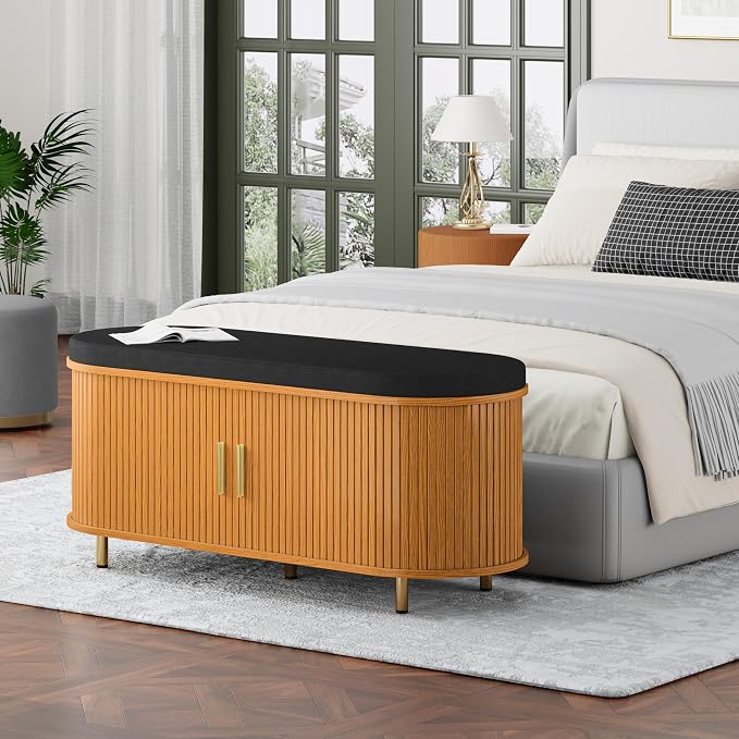 DHH 2-Tier Storage Bench,Wide Shoe Bench with Thickened Padded Seat Cushion, Mid Century Modern Fluted Sliding Door and Adjustable Shelf, for Entryway, Living Room, Bedroom (Yellow Walnut, 43.3“) - Image 8
