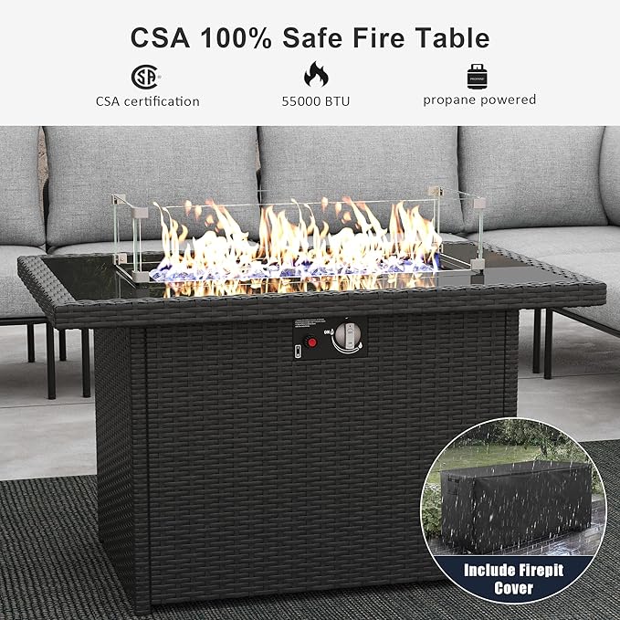 LayinSun 7 Pieces Aluminum Patio Furniture Set, Modern Modular Sectional Sofa with Fire Pit Table and Upgrade Thickness Cushion